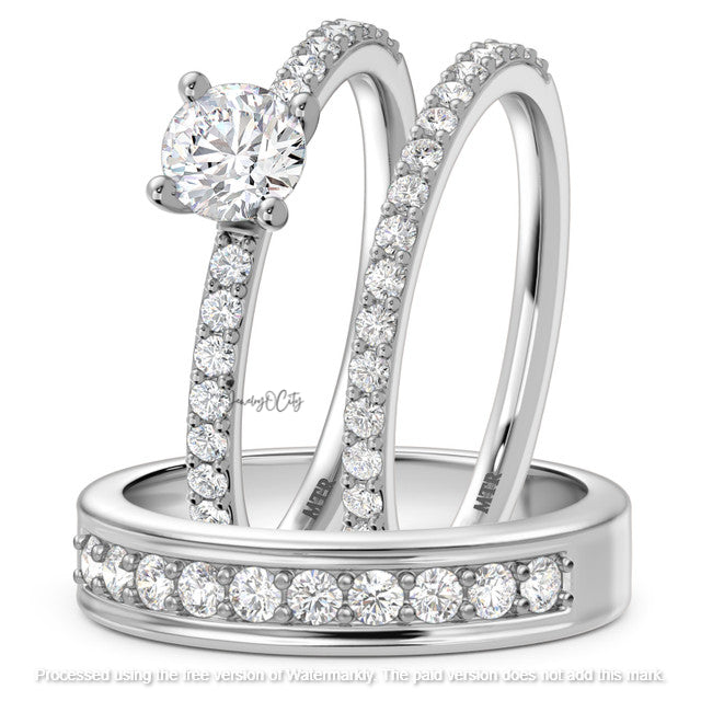 2.20Ct Round Cut Diamond Solitaire/Accent Wedding Trio Set