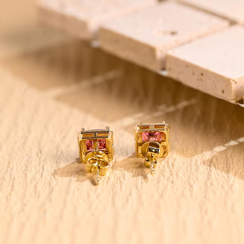 Pink Sapphire Diamond Halo Stud Earrings