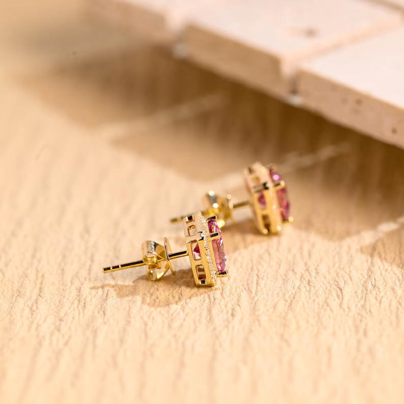 Pink gemstone halo stud earrings
