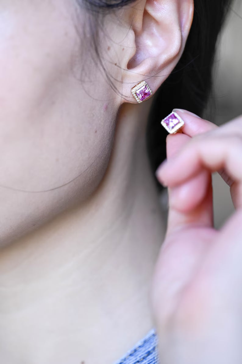 Pink sapphire halo stud earrings