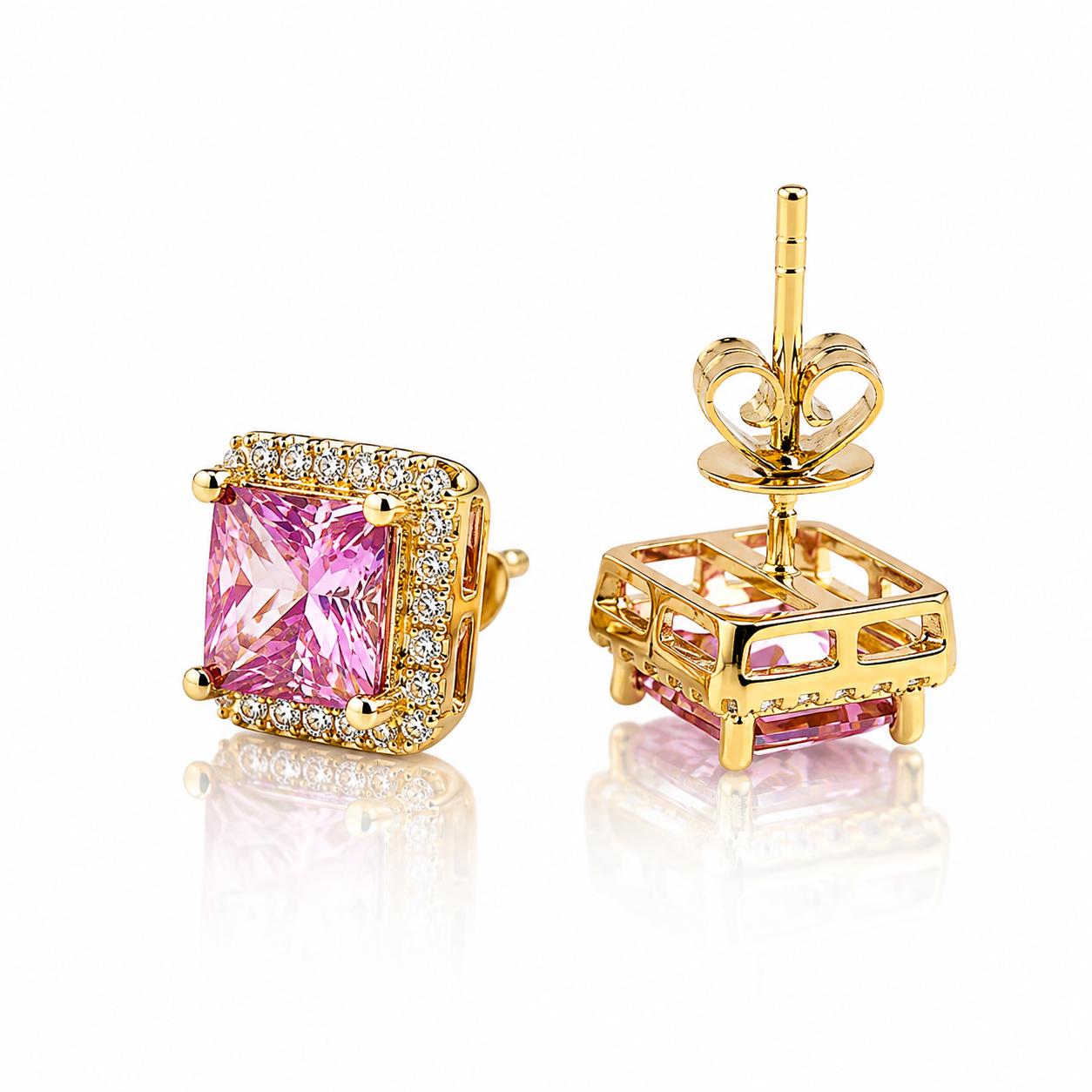 Pink sapphire halo stud earrings