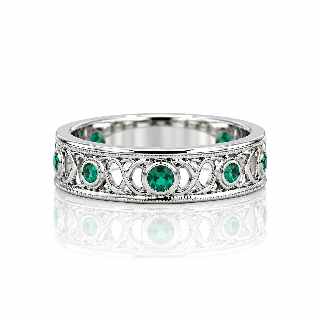 Regal Grace emerald Celtic filigree eternity band