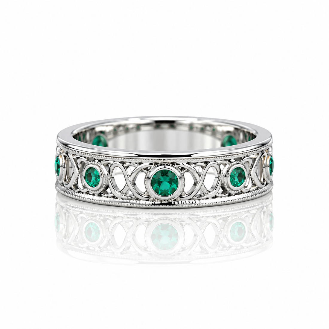 Regal Grace emerald Celtic filigree eternity band