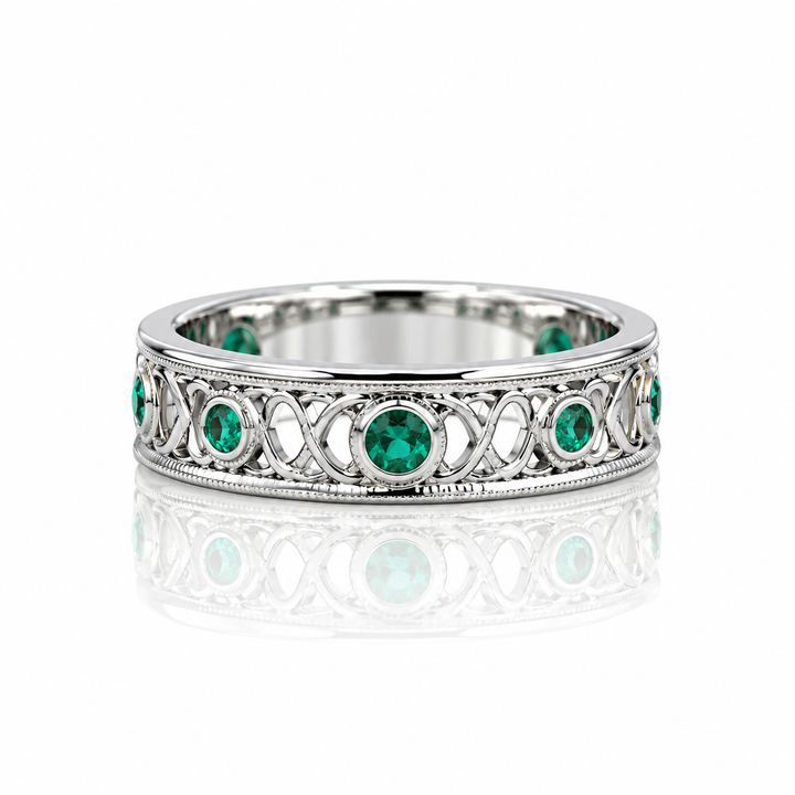 Regal Grace emerald Celtic filigree eternity band