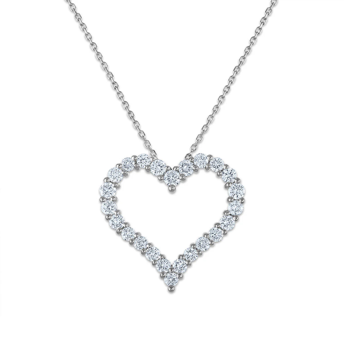 Round brilliant-cut diamond heart-shaped necklace on a delicate silver chain.