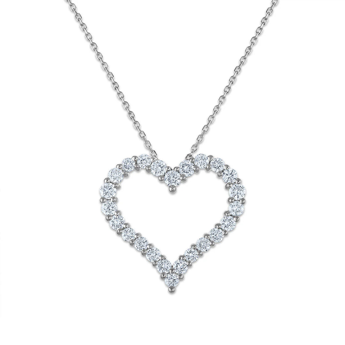 Round brilliant-cut diamond heart-shaped necklace on a delicate silver chain.