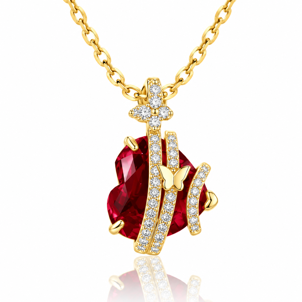 Ruby red heart shape butterfly moissanite pendant necklace

