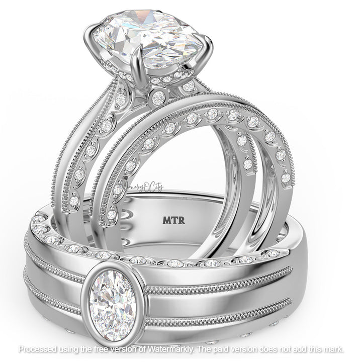 Set of silver rings with diamond accents on a white background