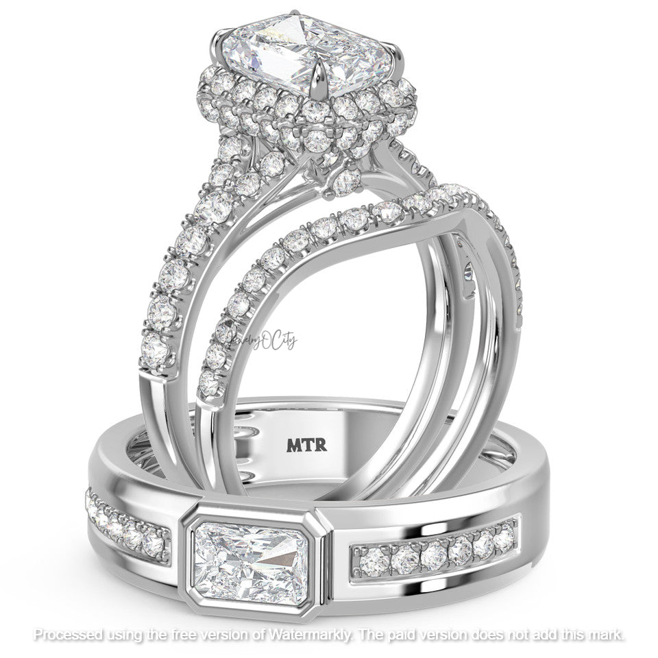 Silver ring with emerald pave diamond accents on a white background