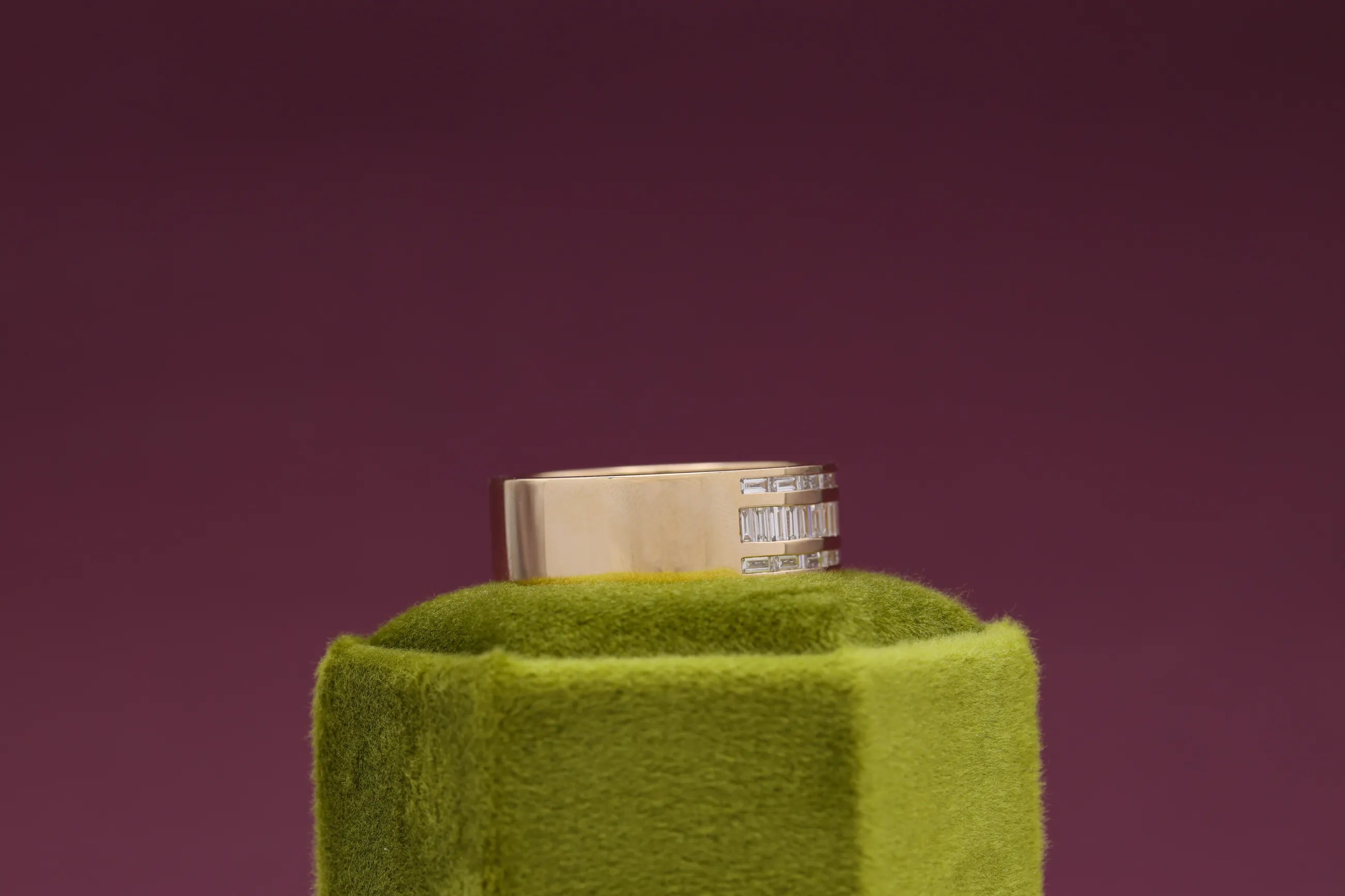 Sleek men's wedding band with baguette moissanite