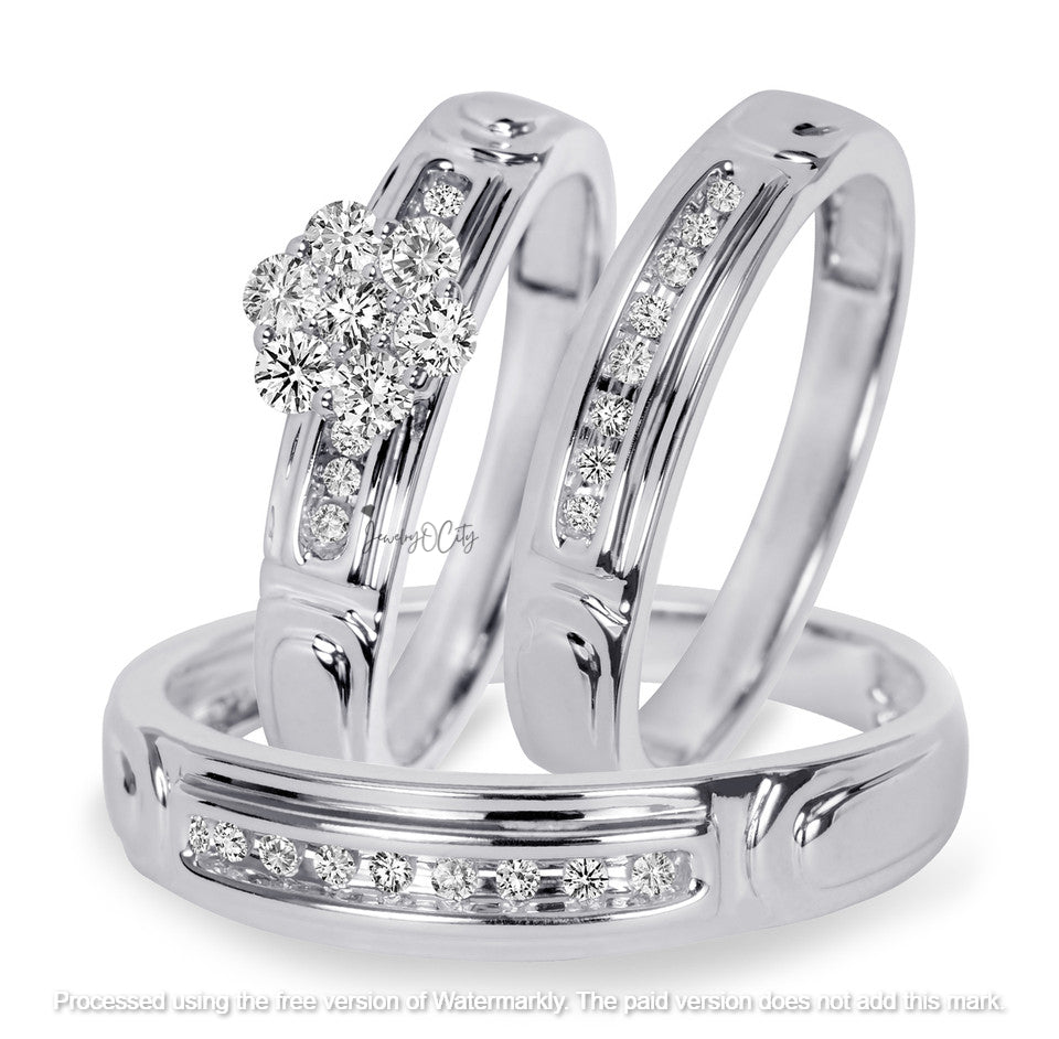 Set of three silver rings with diamond accents on a white background
