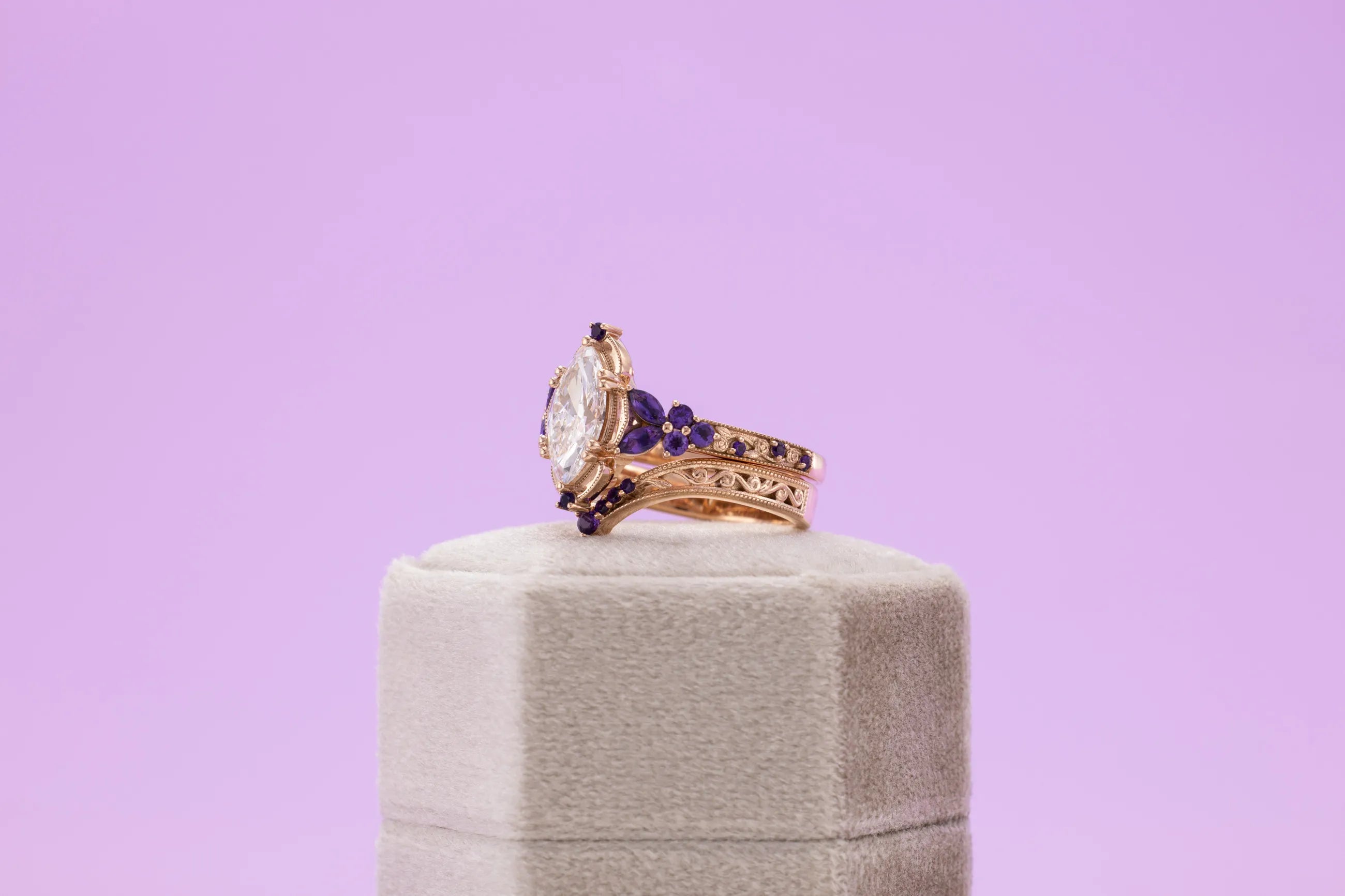 amethyst halo engagement ring set
