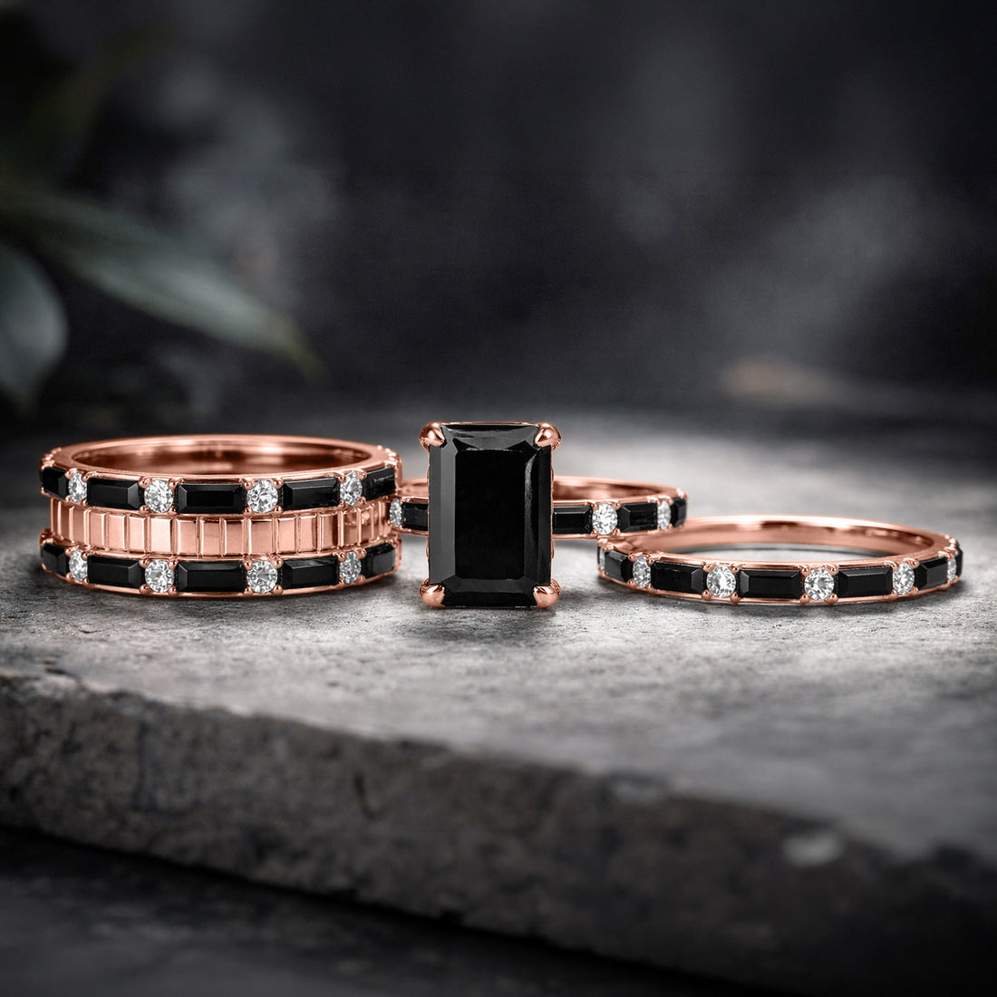 “architectural black onyx baguette and emerald jewelry”