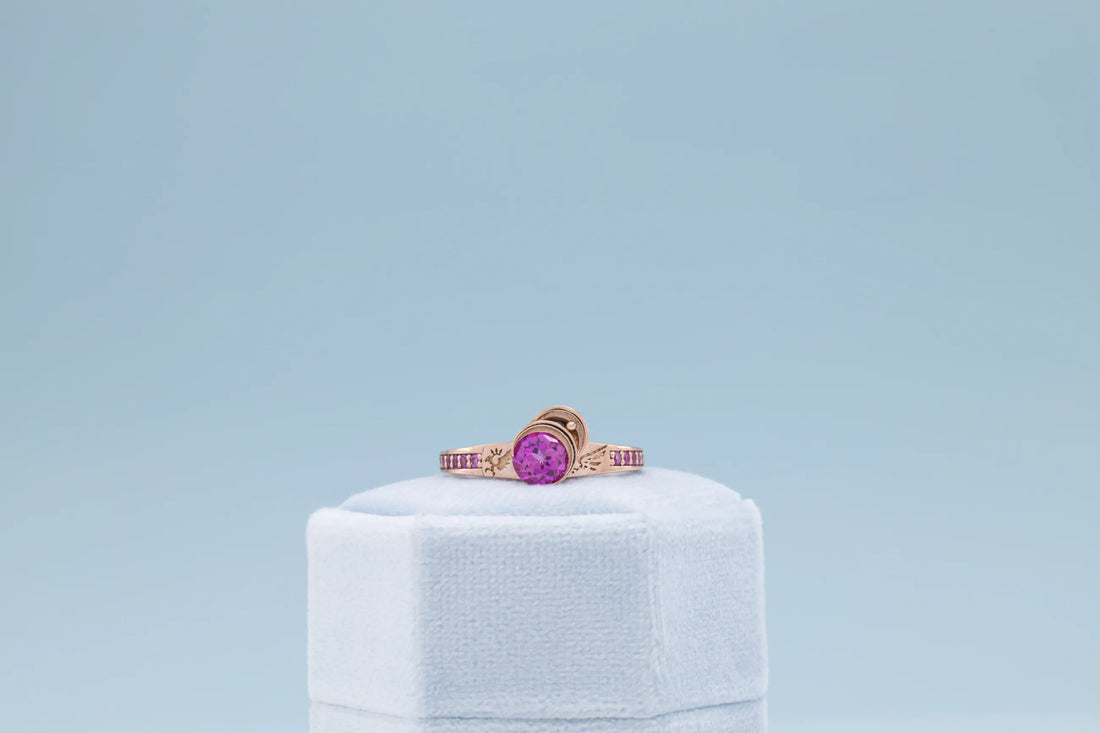 crescent moon pink sapphire gold ring