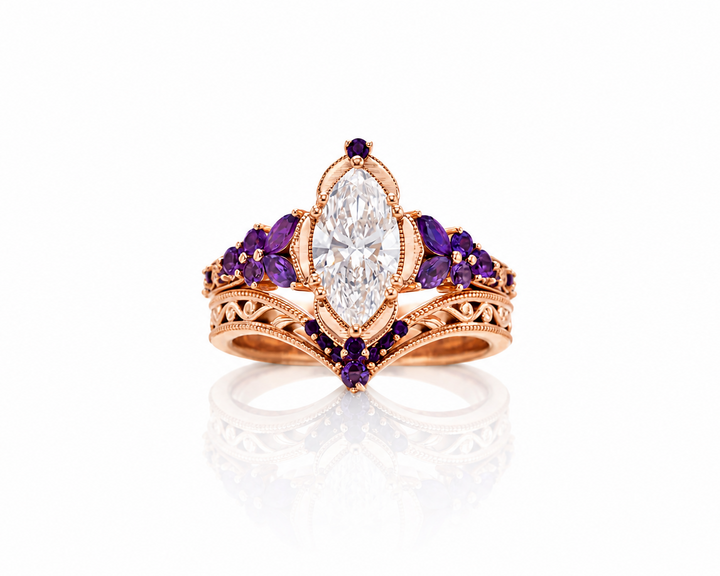 diamond and amethyst bridal ring set