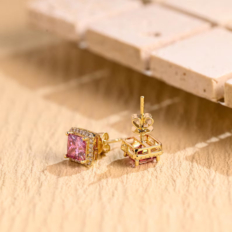 diamond halo pink sapphire studs