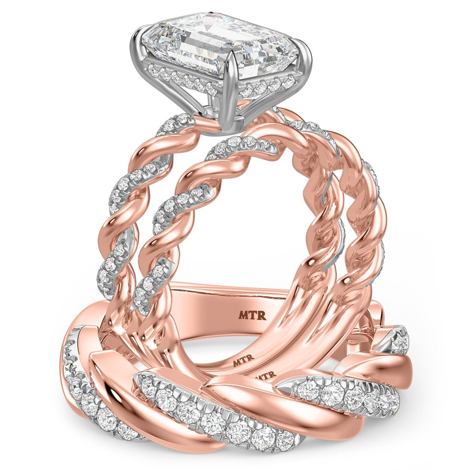 Rose gold ring with diamond accents on a white background