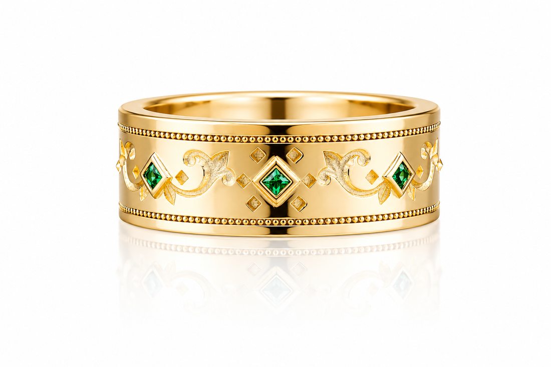 green emerald floral wedding band