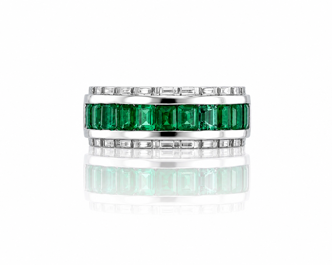 green emerald invisible setting wedding band
