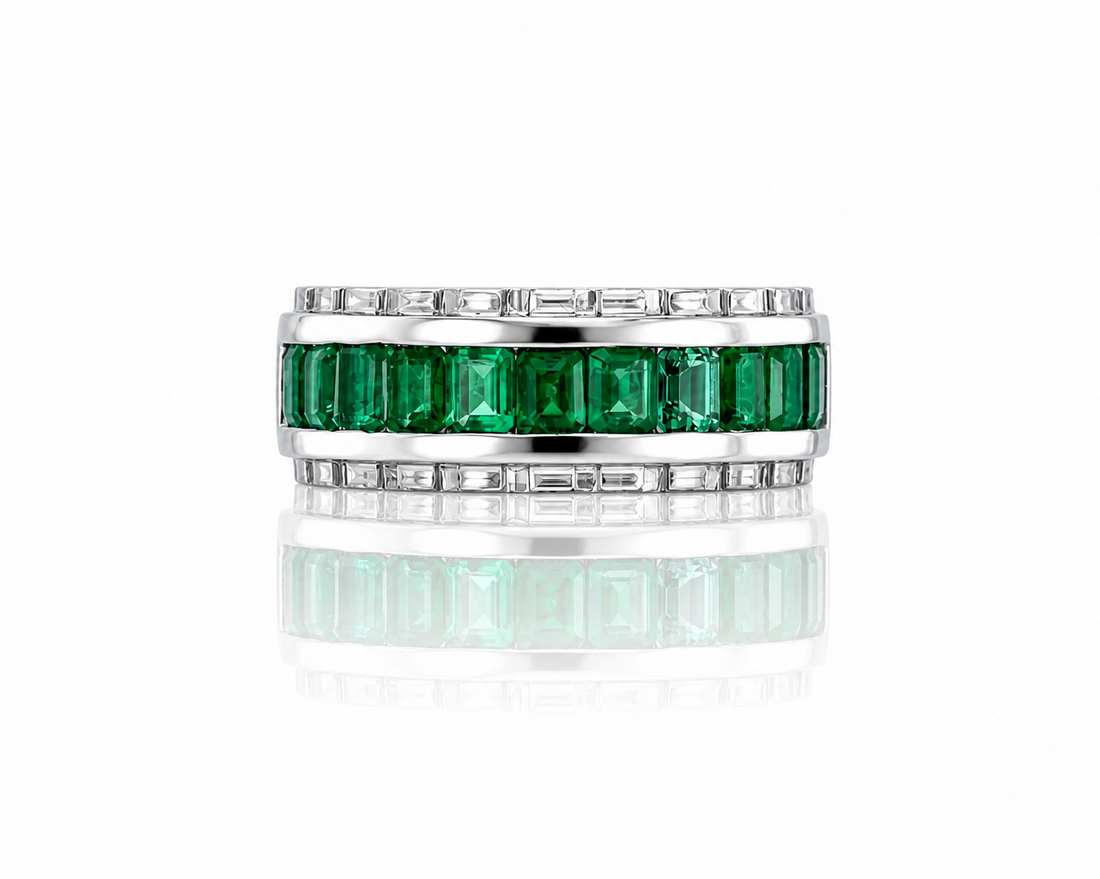 green emerald invisible setting wedding band