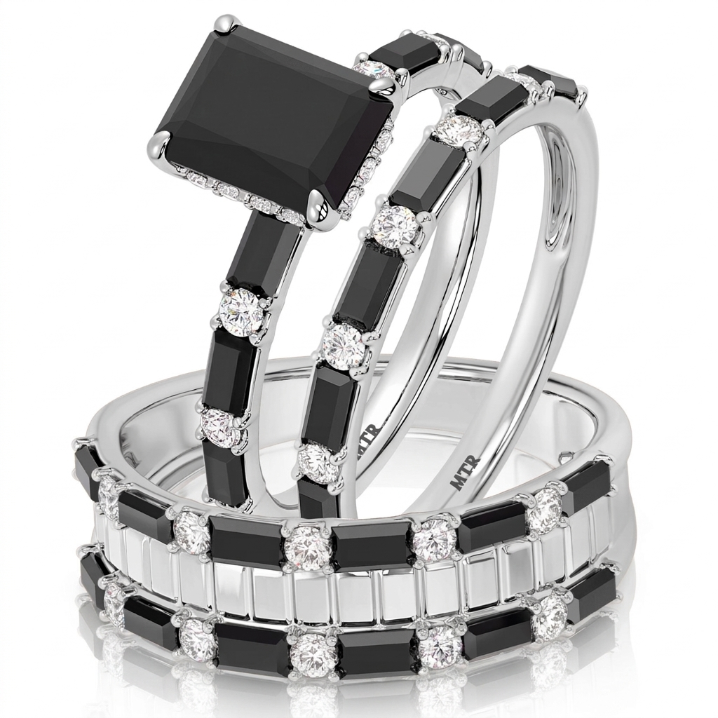 “interchangeable emerald and baguette black onyx trio jewelry set”