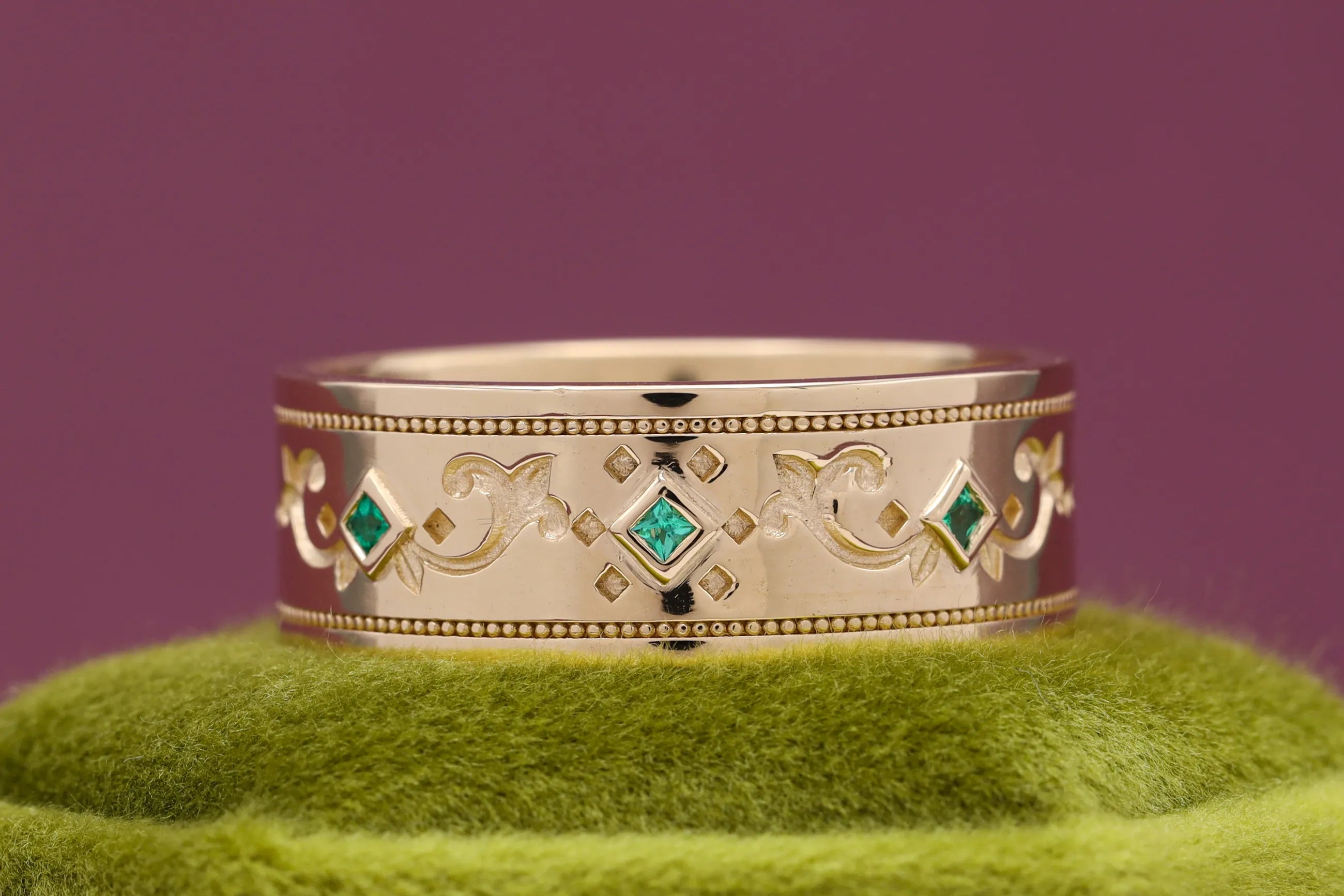 leaf pattern emerald wedding band