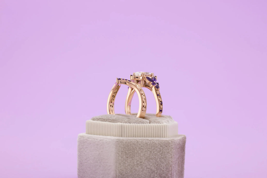 matching diamond and amethyst ring set