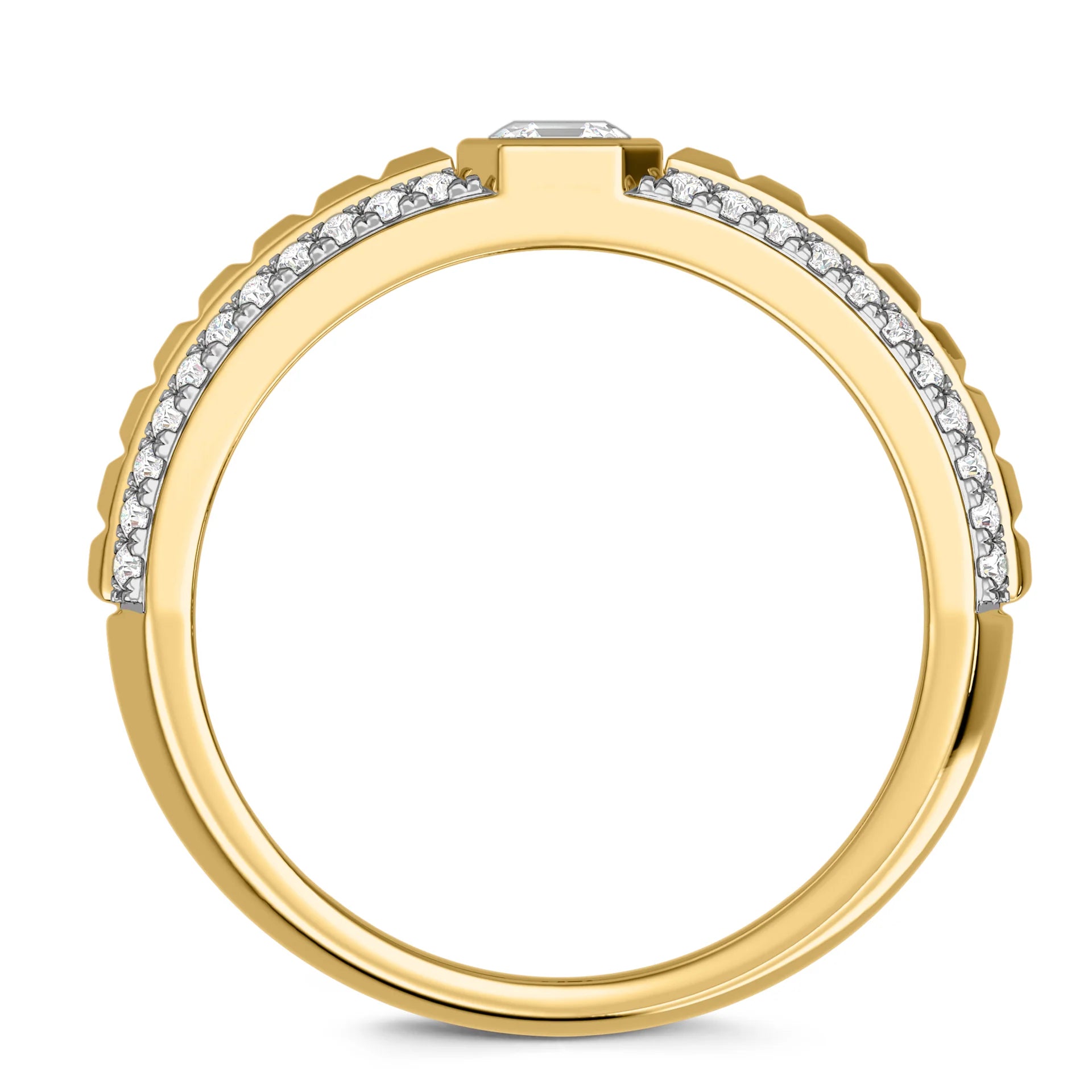 “modern architectural diamond bridal set detail”