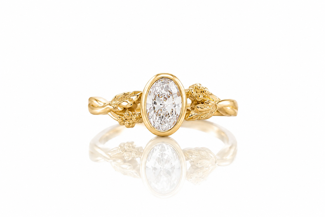 Gold ring with a diamond on a white background
