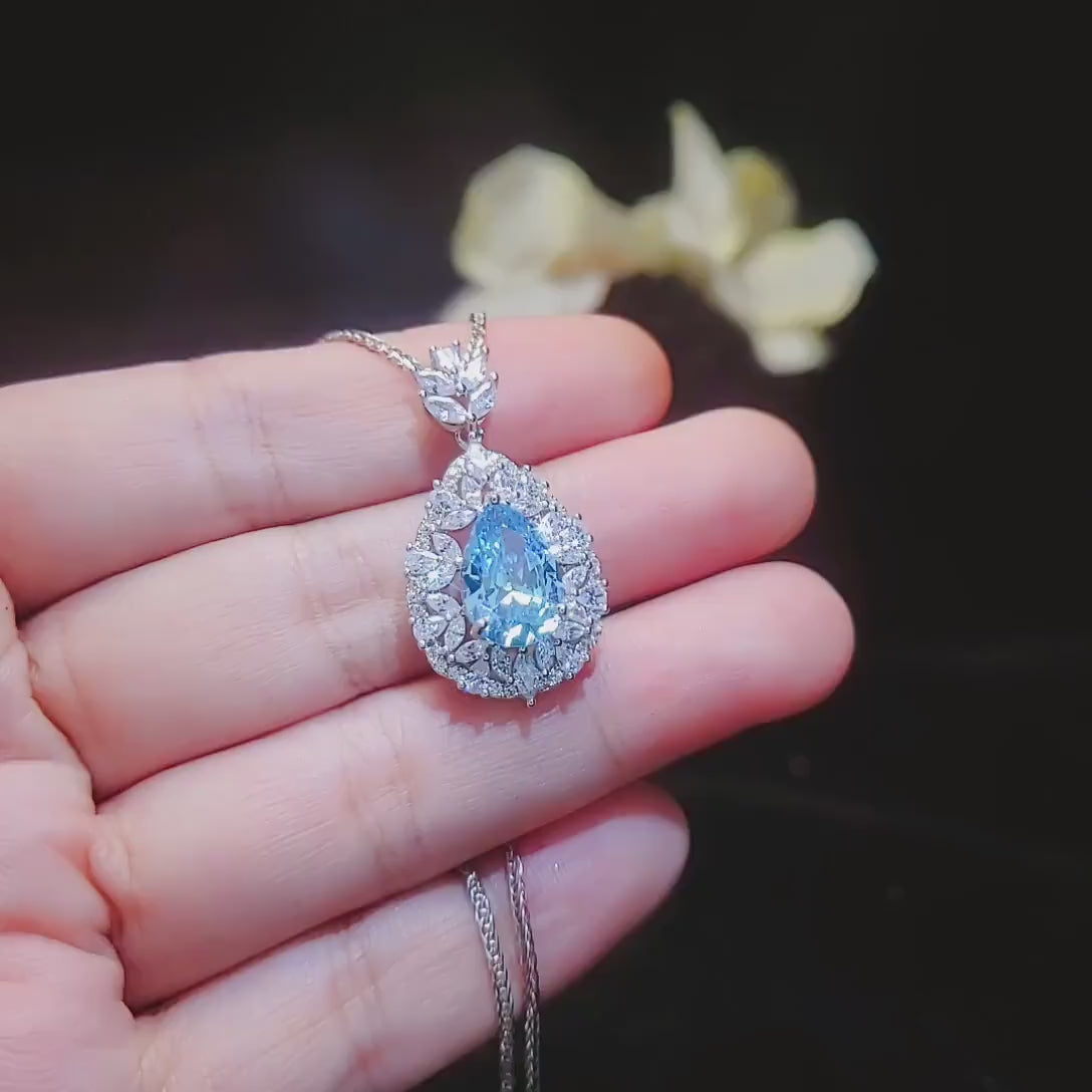 2.50Ct Pear Cut Blue Topaz & Diamond Double Halo Pendant For Her