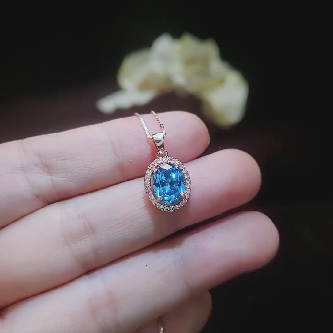2.50Ct Pear Cut Blue Topaz & Diamond Double Halo Pendant For Her