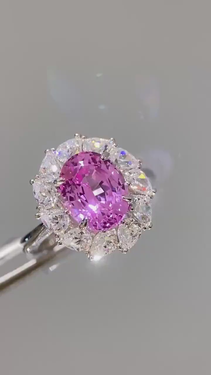 3Ct Oval Cut Pink Sapphire & Diamond Halo Engagement Ring