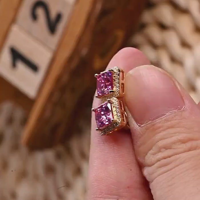 diamond halo pink sapphire studs