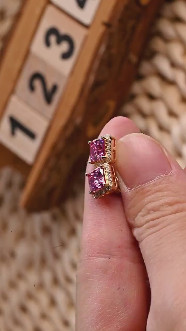 diamond halo pink sapphire studs