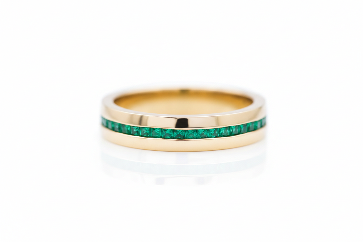 princess cut green emerald half eternity wedding band