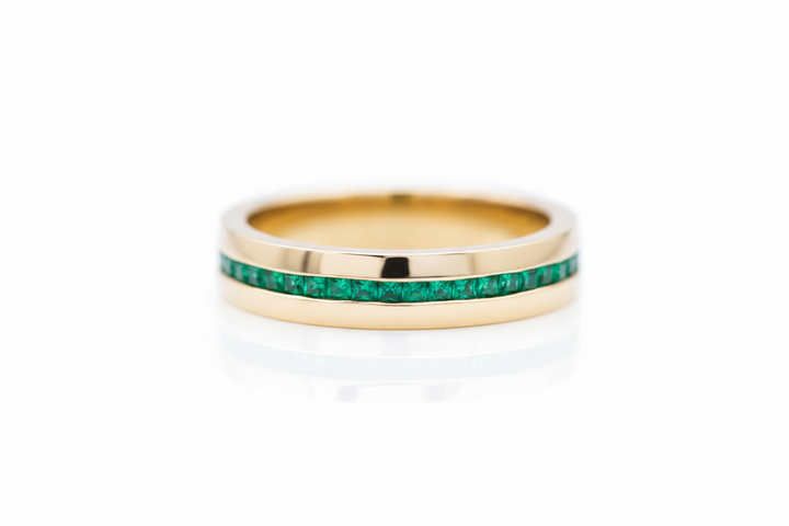 princess cut green emerald half eternity wedding band