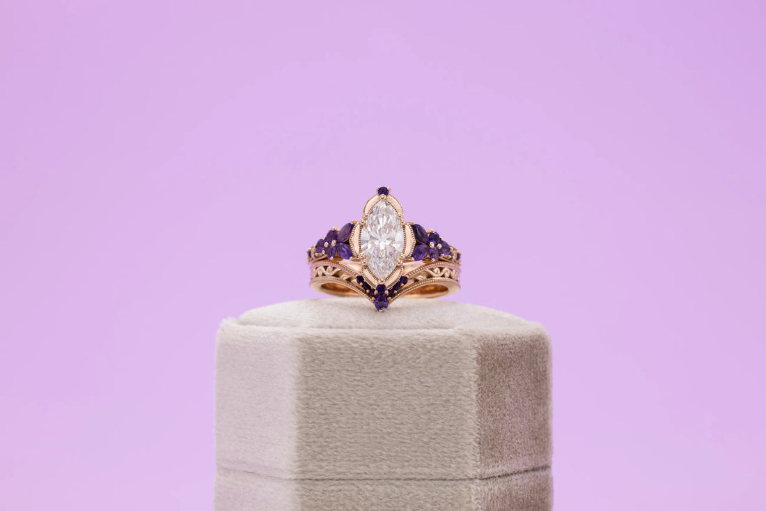 purple gemstone bridal ring duo