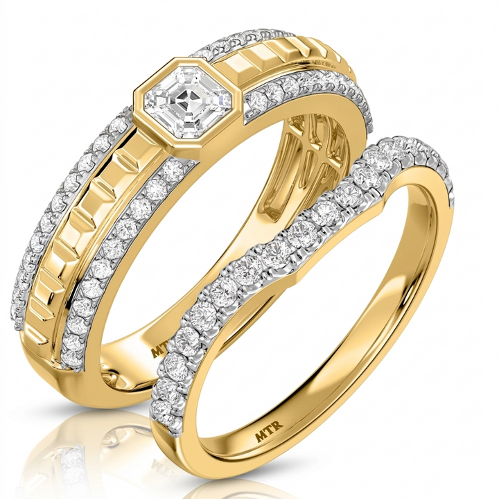 “stacked Asscher cut engagement ring and wedding band”