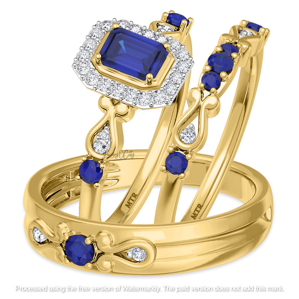 Gold ring with blue gemstones and diamond accents on a white background